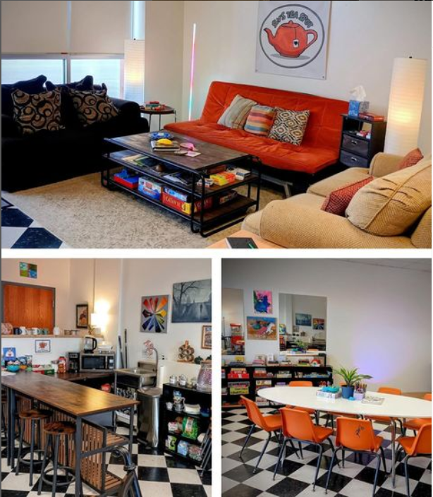 Three images each showing the inside of the Tea Spot. One is three sofas with a coffee table between them, the second is a tea bar with a tiny kitchen behind it, and the third is a white oval table surrounded by orange molded plastic chairs.